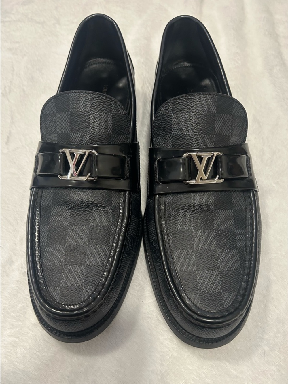 Louis Vuitton Black Damier Graphite Leather Loafers with Silver LV Hardware